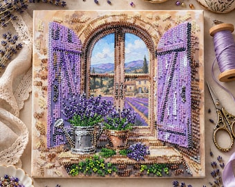 Provence Lavender Fields Bead Embroidery Kit – Beginner French Country Art (20x20cm)