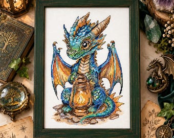 Baby Dragon Lantern Cross Stitch Kit – 14 Count Aida, Fantasy Needlepoint Art