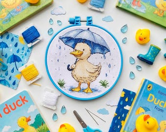 Duckling Cross Stitch Kit – Beginner Needlework, Duck Nursery Decor, Cottagecore Art (Preciosa Floss)