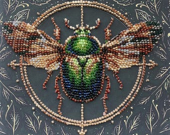 Golden Beetle Bead Embroidery Kit – Mini Insect Beading on Canvas, Czech Preciosa Beads
