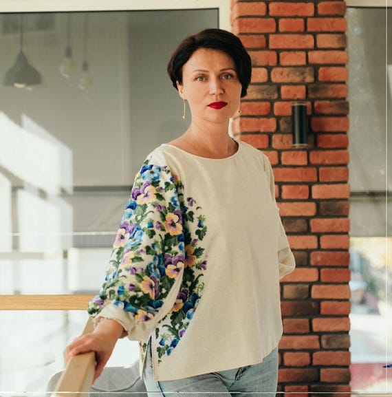 Ukrainian Beaded Linen Blouse — Hand Embroidered Vyshyvanka — Ethnic Boho Women's Shirt, Custom Sizes