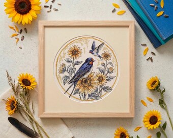 Swallow Bird Cross Stitch Kit – Cottagecore Nature Embroidery DIY Set (240×240mm)