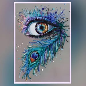 May include: An artistic depiction of an eye with a peacock feather design. The eye has a detailed iris with gold, blue, and purple hues. The lashes and feather are in shades of blue, green, and purple, set against a grey background.