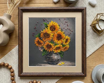Sunflower Bead Embroidery Kit | Mini Floral DIY Beadwork on Canvas (5.9 inch Decor)