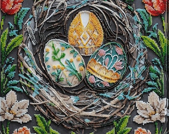 Ukrainian Easter Pysanky Nest Bead Embroidery Kit – Artistic Canvas Wall Art