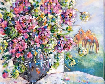 Floral Bead Embroidery Kit — Bloom Garden Beading Wall Art — Czech Beads DIY Needlework Gift
