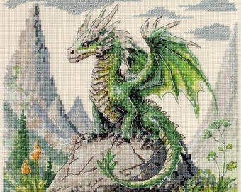 Dragon Cross-Stitch Kit — Fantasy Mountain Scene DIY Embroidery — Mythical Creature Needlework