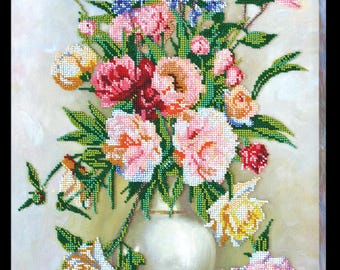 Floral Bouquet Bead Embroidery Kit – Cream Flower Wall Art, Czech Beads (330×450mm)