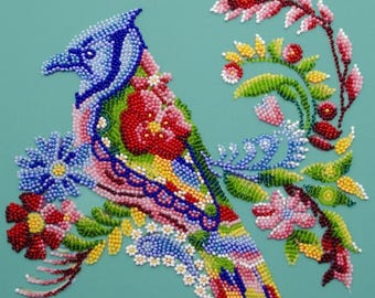 Spring Bird Bead Embroidery Kit | Nature DIY Beaded Wall Art on Canvas | Needlework Kit