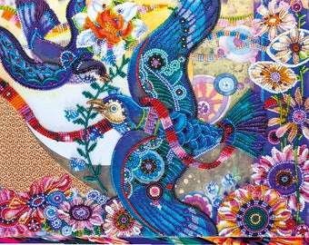 May include: A colourful beaded artwork featuring two blue birds with intricate patterns and a floral background. The artwork is made with various beads and sequins, creating a vibrant and textured design.