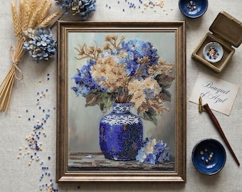 Hydrangea Bead Embroidery Kit – Floral Botanical Canvas DIY Beadwork (Czech Preciosa Beads)