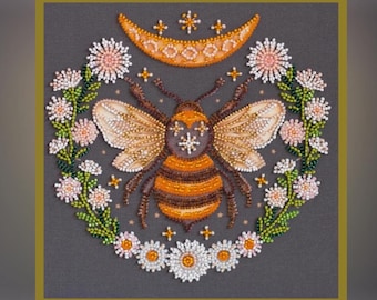 Bee Bead Embroidery Kit — Honey Dream DIY Beadwork, Czech Preciosa, Insect Wall Art, 7.8x7.8"