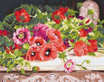 Red Poppy Bouquet Cross Stitch Kit – 14 Count Aida, Floral Needlepoint Wall Art