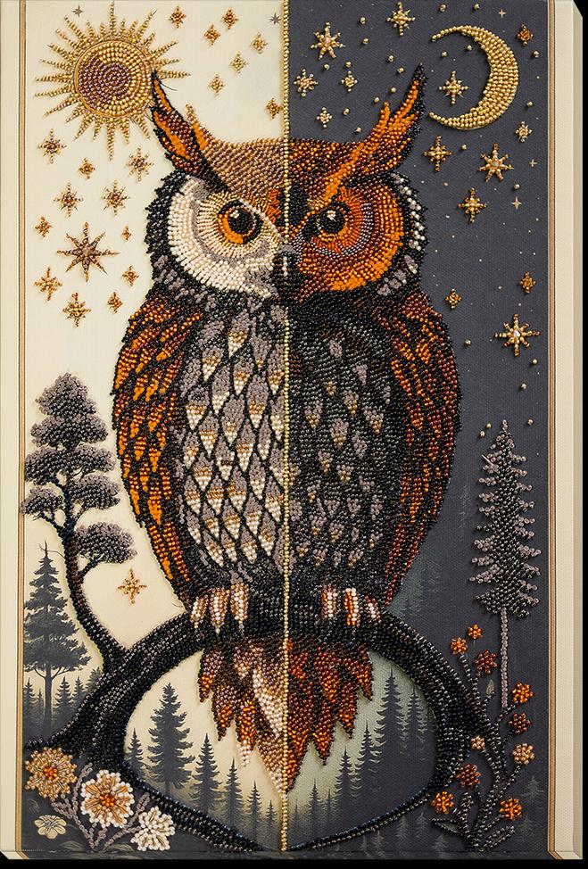 Golden Oracle Owl Bead Embroidery Kit – Day and Night Animal Design – Mystical Golden Ow