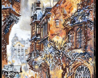 Winter City Bead Embroidery Kit – Snowy Street Scene DIY Beadwork (26×35cm)