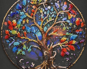 Tree of Life Bead Embroidery Kit – 1,305 Czech Beads, Artistic Canvas (15x15cm)