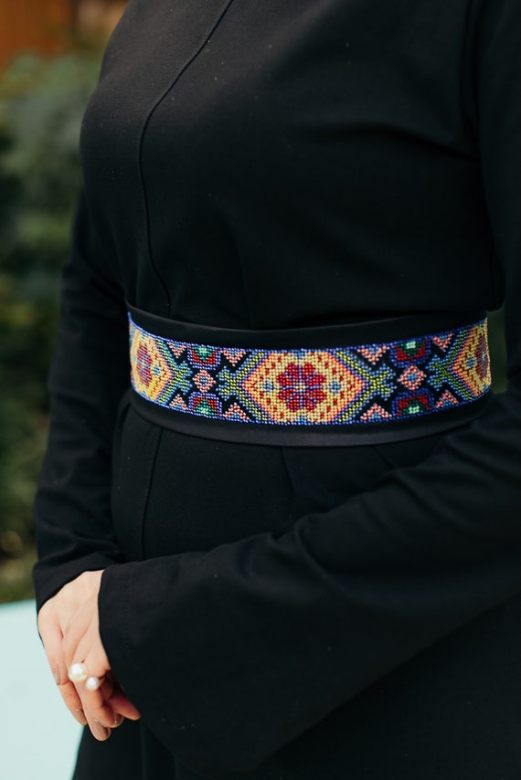 Handmade Embellished Belt Womens Size L with Beads Metal Accents and Embroidery Handcrafted Black Leather Belt: Beaded Dragonfly Design  main image 4