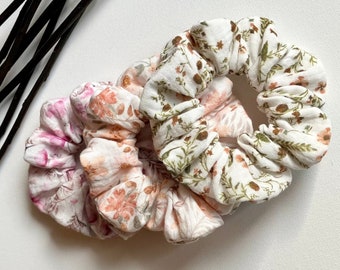 Floral Scrunchies - 100% Cotton, Muslin Scrunchies, Organic Scrunchies, Double Gauze, Hair Accessories, Hair Tie