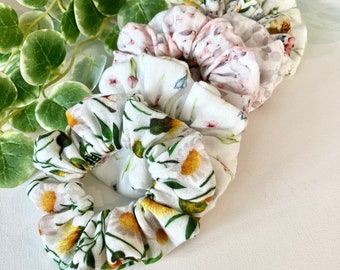 Floral Cotton Scrunchies - 100% Cotton, Muslin Scrunchies, Organic Scrunchies, Double Gauze, Hair Accessories, Hair Tie