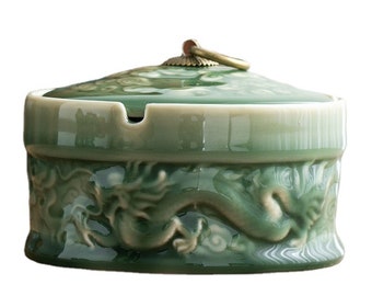 Vintage Ashtray with Lid for Outdoor Porch Ceramic Celadon