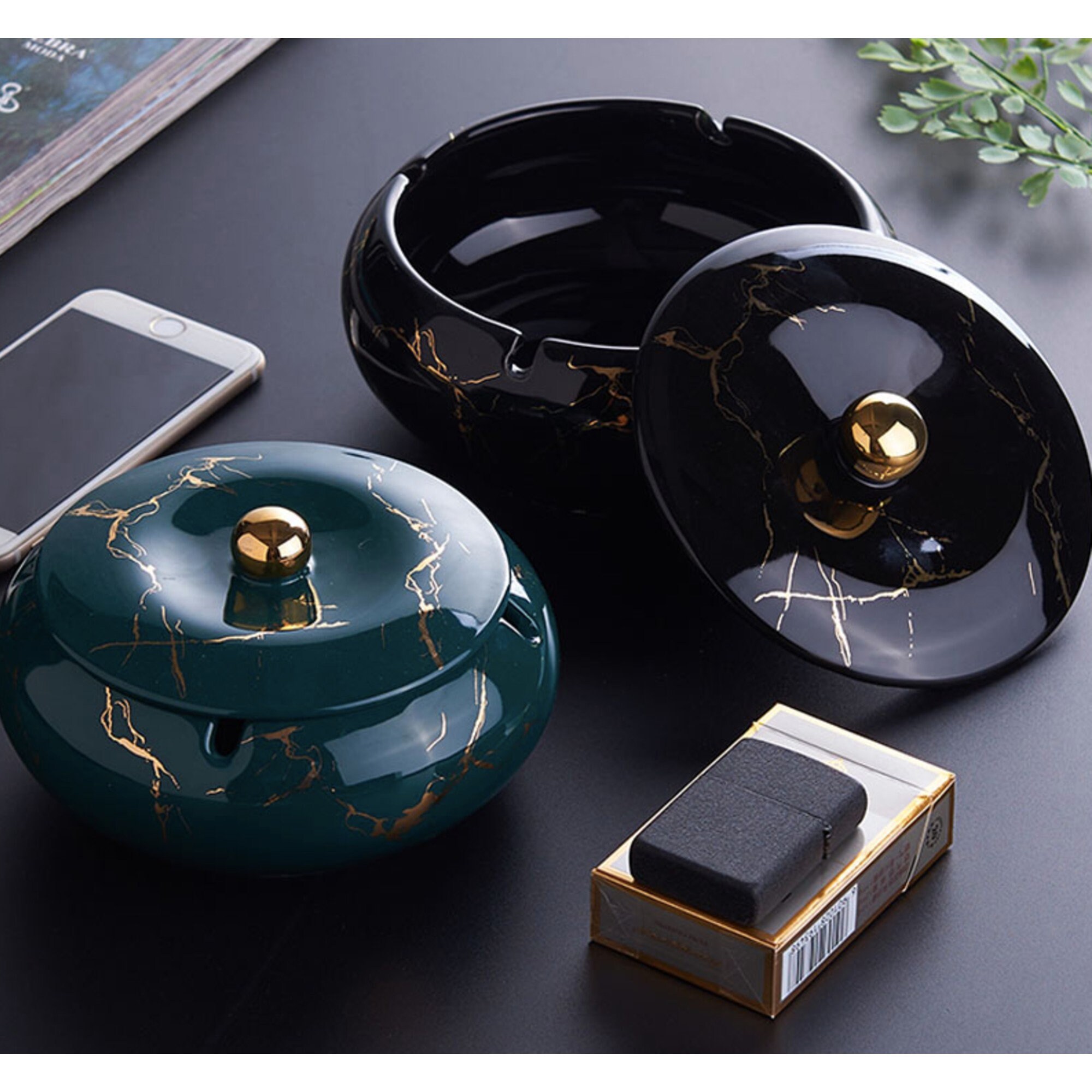 Cool Ashtray with Lid and Gold Patterns 5.7inch Large Etsy