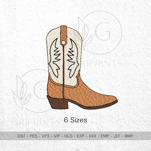 May include: A tan and cream-colored cowboy boot illustration. The boot features a decorative design on the shaft and a brown heel. The text "6 Sizes" is below the boot.