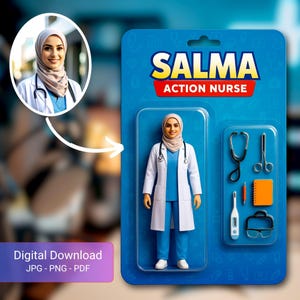 Ritratto di action figure personalizzato, scatola di giocattoli personalizzata, giocattolo d'azione digitale da foto, regalo con personaggio dei cartoni animati AI, arte digitale personalizzata