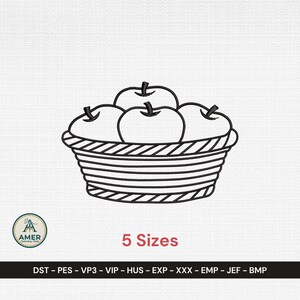 May include: Black and white line drawing of a basket filled with four apples. The basket has a woven design. The text "5 Sizes" is below the basket. The image also includes the text "AMER" and file type abbreviations.