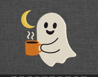 Schattig Ghost Drinking Coffee borduurwerk ontwerpen, Halloween Coffee Lover machine borduurwerk digitale bestanden, Trick or Treat Ghost