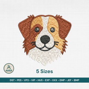 Puede incluir: Diseño bordado de una cara de perro en tonos marrón, beige y blanco. El perro tiene ojos grandes y oscuros y una nariz y boca negras. El texto "5 Tamaños" está debajo de la cara del perro, y el logotipo "AMER" está en la esquina inferior izquierda.