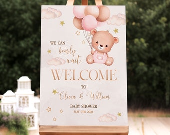 Teddy Bear Baby Shower Welcome Sign Tan Brown Blue Bear Poster We Can Bearly Wait Boho Balloons Party Yard Sign Editable Template