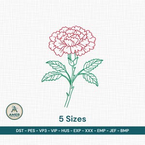Puede incluir: Diseño bordado de una flor de clavel rojo con hojas y tallo verdes. El diseño está etiquetado con "5 Tamaños" y varios formatos de archivo de bordado.