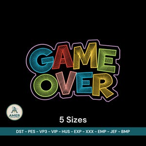 May include: A colorful "GAME OVER" design with a neon outline, featuring blue, red, yellow, and green text on a black background. The image includes the text "5 Sizes" and a logo. This design is suitable for gaming enthusiasts.