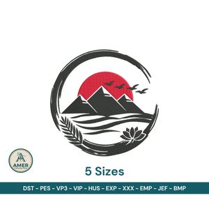 Peut inclure: Un motif brodé représentant un soleil rouge derrière trois pics montagneux noirs, avec des oiseaux volant au-dessus. Le motif est enfermé dans un cercle noir avec un épi de blé et une fleur de lotus. Le texte "5 Sizes" est en dessous.
