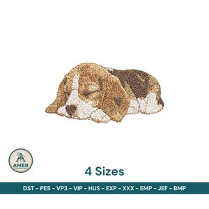 Könnte beinhalten: Gesticktes Design eines schlafenden Beagle-Hundes in Braun-, Weiß- und Schwarztönen. Das Bild enthält den Text "4 Größen" und ein Logo. Das Design ist wahrscheinlich für Stickprojekte gedacht.