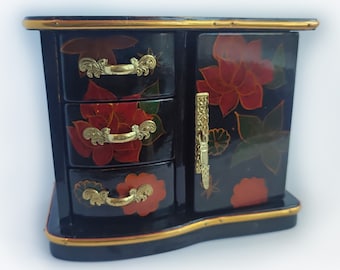 Vintage Chest of drawers box for jewelry Black and Red Flower Blossom