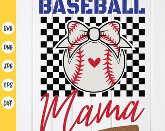 Może przedstawiać: Projekt graficzny Baseball Mama z piłką baseballową z czerwonym sercem i kokardką na górze. Piłka baseballowa znajduje się na czarno-białym tle w kratkę. Tekst "Baseball Mama" jest czerwony, a pod nim znajduje się brązowa pałka baseballowa.