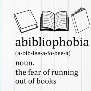 Puede incluir: Gráfico en blanco y negro con la palabra "abibliophobia" y su pronunciación, junto con la definición: "el miedo a quedarse sin libros". Incluye ilustraciones de libros e iconos de tipo de archivo.