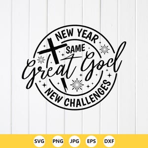 Op de afbeelding: Zwart-wit grafisch ontwerp met de tekst "New Year, Same Great Goal, New Challenges" in een cirkelvormige opstelling. Het ontwerp bevat een kruis en sterretjesaccenten, met bestandstype-pictogrammen onderaan.