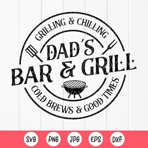 Peut inclure: Conception graphique en noir et blanc d'un timbre circulaire avec le texte "Grilling & Chilling Dad's Bar & Grill Cold Brews & Good Times". Le timbre comprend un barbecue et une spatule.