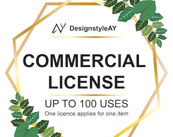 May include: Gold geometric frame with green leaves around the edges. The text inside the frame reads "Commercial License Up to 100 Uses One licence applies for one item".