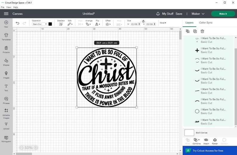 May include: Black and white design for a round sticker or iron-on. The design features a circle with the text "I want to be so full of Christ that if a mosquito bites me it flies away singing there is power in the blood".