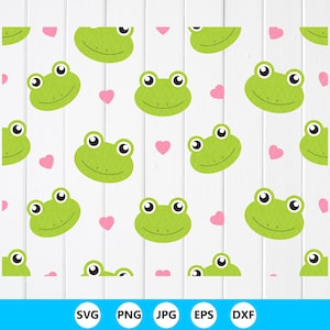 May include: A repeating pattern featuring light green frog faces with large black and white eyes and small pink hearts on a white background. The bottom of the image displays the text SVG, PNG, JPG, EPS, and DXF in white on a blue bar.