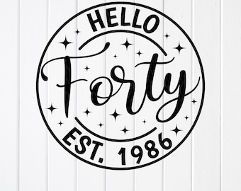 Hola Cuarenta Est 1986 SVG PNG: Regalo para fiesta de cumpleaños número 40, archivos Cricut (descarga digital)