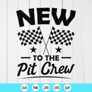 May include: Black and white graphic with the text "NEW TO THE Pit Crew". Two checkered flags are crossed with two stars below. The image is on a white wooden background.