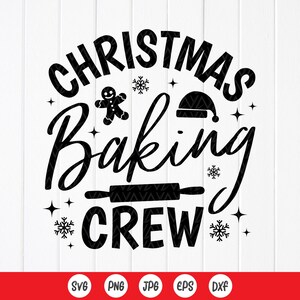 Może przedstawiać: Czarno-biały projekt graficzny z tekstem "Christmas Baking Crew". Projekt zawiera piernikowego ludzika, czapkę Świętego Mikołaja, wałek do ciasta i płatki śniegu.