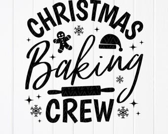 Può includere: Grafica in bianco e nero con il testo "Christmas Baking Crew". Il design include un omino di pan di zenzero, un cappello di Babbo Natale, un mattarello e fiocchi di neve.