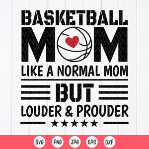 Puede incluir: Diseño gráfico en blanco y negro con el texto "BASKETBALL MOM LIKE A NORMAL MOM BUT LOUDER & PROUDER" con cinco estrellas debajo del texto. Un balón de baloncesto con un corazón rojo está en el medio del texto "MOM".