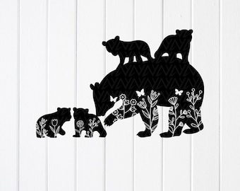 Mamá Osa Floral con Cuatro Cachorros SVG: Diseño de Camiseta para Mamá, Archivo Cricut (Descarga Digital)