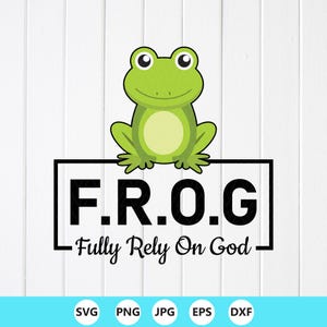以下が含まれることがあります： 黒い長方形のフレームに「F.R.O.G. Fully Rely On God」という文字の上に、緑色の漫画のカエルが座っています。画像は白い木の背景にあり、下部にファイルタイプのアイコンがあります。